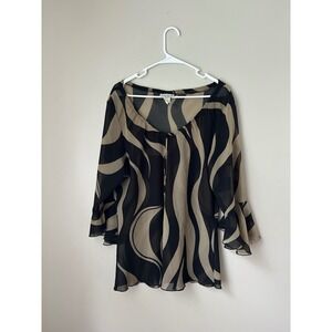 California Blouse  3XL Plus Size Black Tan Sheer Long Sleeve Bell Sleeve